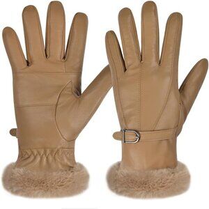 🆕Harssidanzar Women's Khaki Winter Warm Lined With Fur Cuff Leather Gloves
